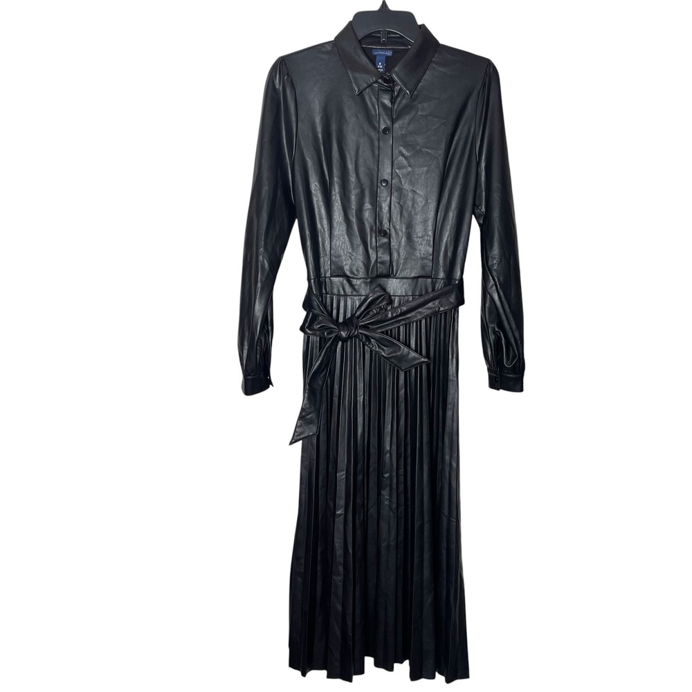 Scoop Womens Black Faux Leather Pleated Tie Waist Midi Shirt Dress Size S 4-6
